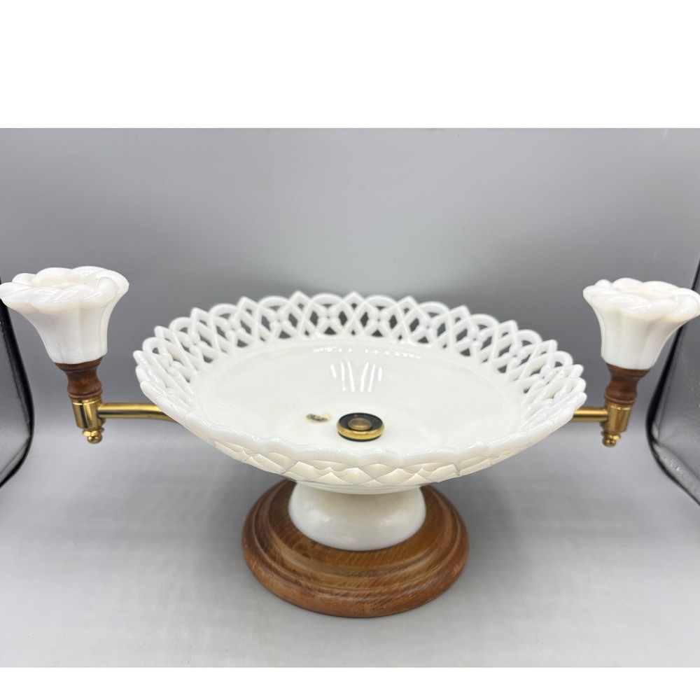 Vtg Westmoreland Milk Glass Centerpiece Lace Edge Bowl Candle Holders Wood Base